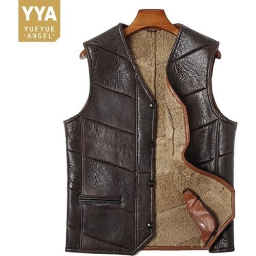 Men V-Neck Real Leather Wool Waistcoat Winter Thicken Single Breasted Sleeveless Jacket 2020 Business Biker Vest Oversize 4XL