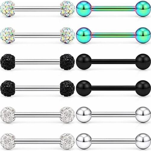 2pcs Stainless Steel Crystal Nipple Piercing Bar Set Tongue Piercing Barbell Nipple Rings Jewelry Lot Tongue Ring
