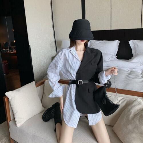 2021 Spring Autumn New Women Korean Long Sleeve Turn-down Collar Blazer Retro Fashion Shirt Stitching Suit Coat Send Belt Y366