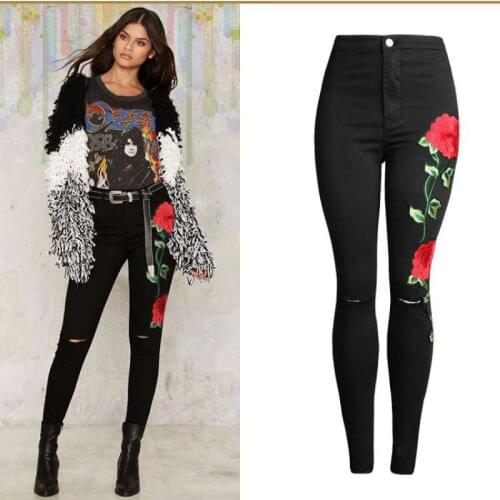 2021 3d Embroidery Ladies High Elastic Jeans For Woman High Waist Plus Size Full Length Skinny Pencil Black Denim Pants 110kg
