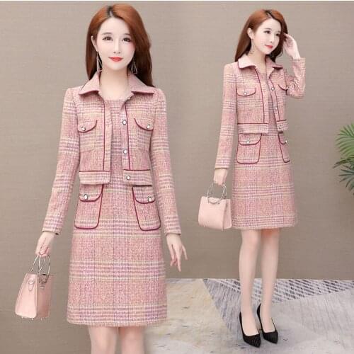 2021New Women’s Spring Autumn Loose Short Jacket plus Vest Dress Two-piece Suit Women Plus Size 3XL 2 Piece Set Outfit R1249