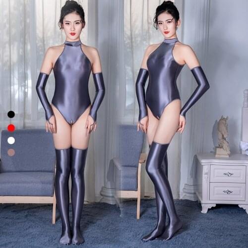 Oil Glossy Shiny Cosplay Swimsuit Crotchless Bodysuit With Gloves Stockings Japanese Body Suits Shaping Sexyy Clubwear Catsuit