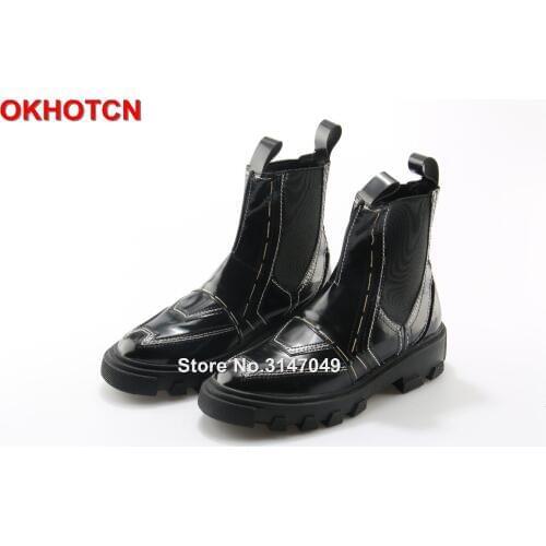 New Patent Leather Boots Women 2020 Sewing Elastic Round Toe Women Ankle Boots Flat Heel Rainboots Slip On Casual Bottine Femme