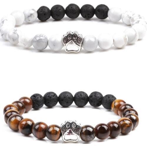 Dog Paw Footprint Bracelet 8mm Howlite & Tigers Eye Stone Black Lava Beads Bracelet DIY Essential Oil Diffuser Bracelet Jewelry