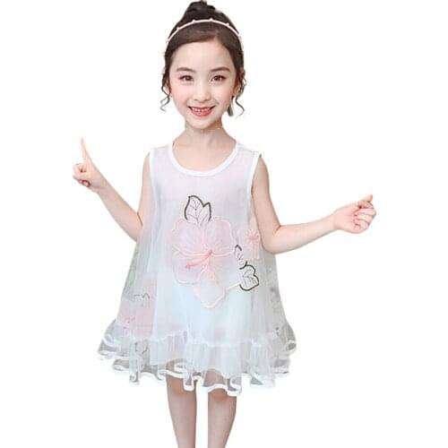 Kids Summer Dresses For Girls Floral Girls Party Dress Sleeveless Mesh Dress Child Cute Style Clothes Girl 6 8 10 12 14