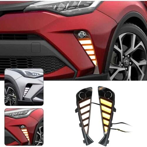 2PCS Car LED DRL Daytime Running Light with Dynamic Yellow Turn Signal Daylight Fog Lamp for Toyota C-HR CHR 2020-2021