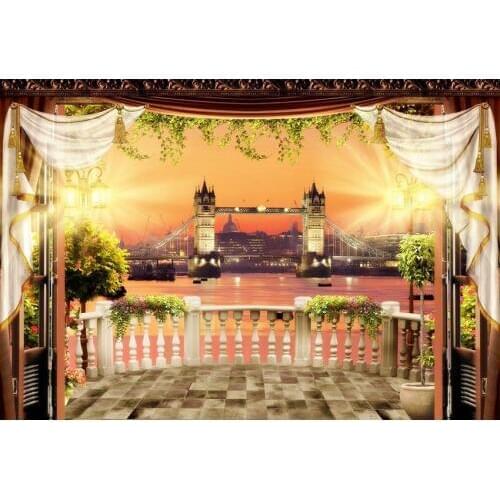 Night View Of The London Bridge Photography Background Vintage Door And Tile floor White Handrail Bar Backdrop For Photo Props