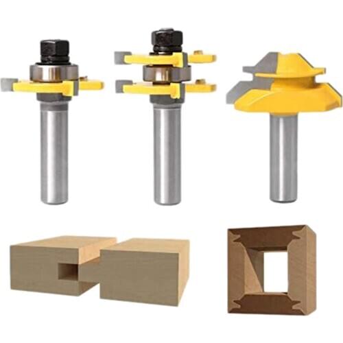 Hot 3Pcs Wood Milling Cutter Woodworking Tool 45 degree Lock Mitre Glue Joint Router Bit Router Bit Set 3 Teeth T Shape