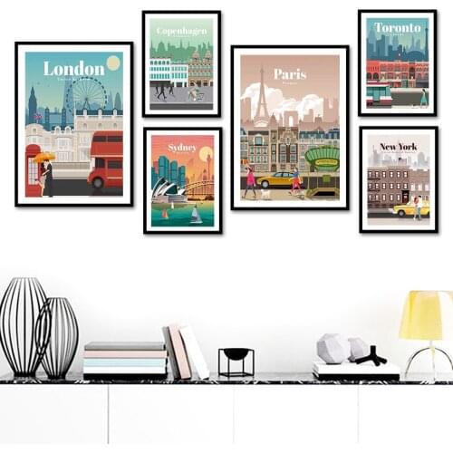 Cartoon City Paris New York Sydney London Wall Art Canvas Painting Nordic Posters And Prints Wall Pictures For Living Room Decor