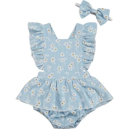 Toddler Baby Girl Daisy Print Bodysuit Dress Summer Cute Ruffles Fly Sleeve Backless Floral Jumpsuit and Bow Headband 0-24M