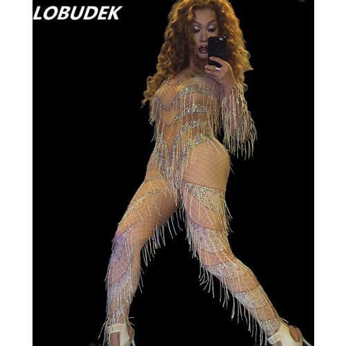 Leotard Silver Crystals Tassels Jumpsuit Sexy Nightclub DJ Women Singer Pole Dancing Costume Dance Teams Bar Party Stage Outfit