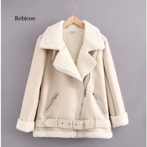 Rebicoo Leather Jacket Women Winter Lamb Wool Turn-down Fur Collar Long Sleeve PU Moto Zipper Keep Warm Thick Coat
