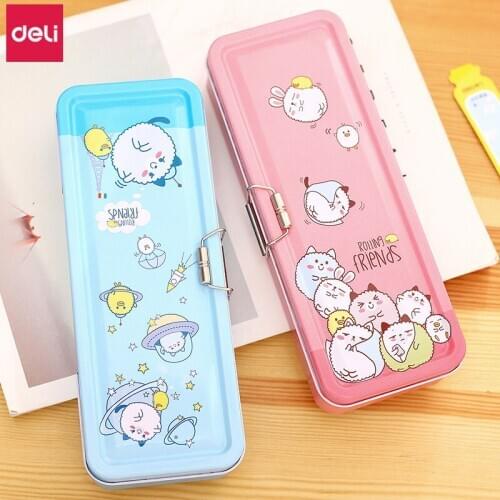 Deli Metal Pencil Box Cute Cartoon Three Layers Multifunction Pencil Case Student Stationery Kawaii School Supplies Kids Gift