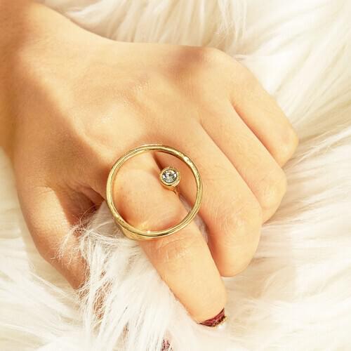 SRCOI Minimalist Clear Rhinestone Round Gold Color Metal Opening Ring Chic Double Circle Crystal Hollowed Finger Ring Women 2020