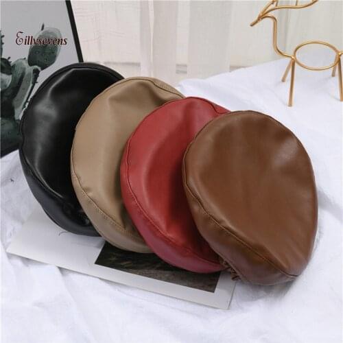 Fashion Vintage Women Berets Childrens Pure Color Imitation Leather Flat Top Beret Cap Hat Boinas Para Mujer