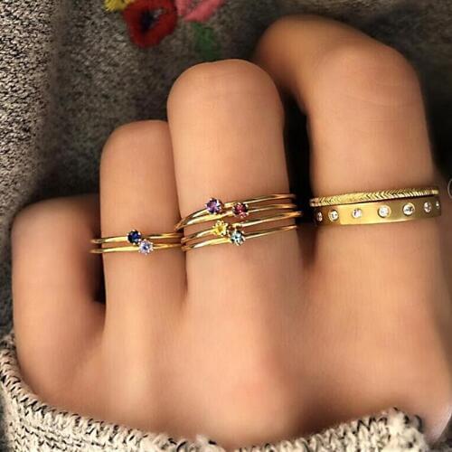 8 Pcs/Set Trend Gold Color Multicolor Micro Zircon Ring Set Alloy Threaded Single Ring for Women Simple Midi Ring Jewelry Gift