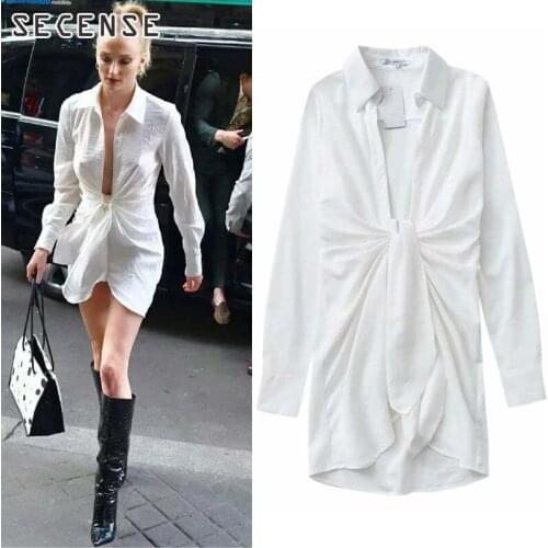 Shirt Dress Half Open Collar White Long Sleeve Mini Irregular Pleated Dress Party Casual Fashion Women Clothing For Vacation