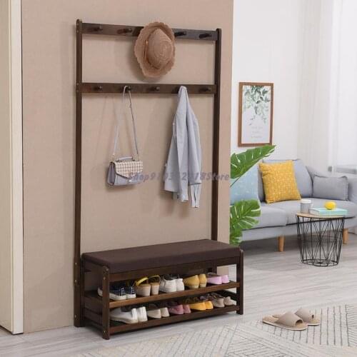 Solid Wood Shoe Changing Stool Household Floor Clothes Rack Door Hanging Clothes Rack Shoe Rack Integrated Hall Wardrobe Bedroom