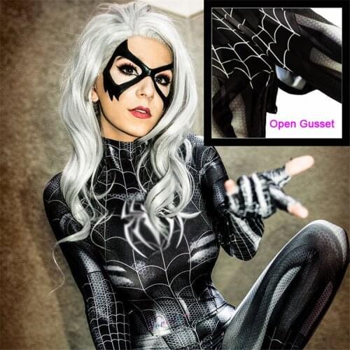 Sexy Female Bodysuit Superhero Cosplay Zentai Suit Jumpsuit Black Cat Halloween Party Costume Women Catsuit Open Crotch