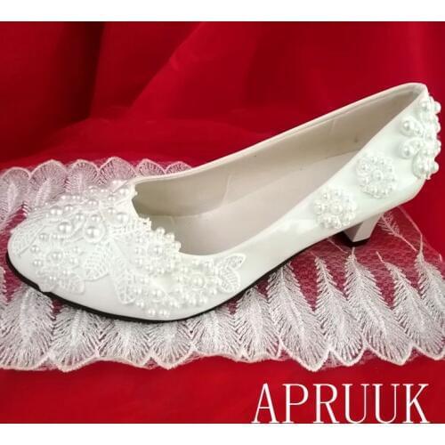5CM lace pearl wedding shoes bride middle heel woman brial ladies white lace party luxury sweet fairy designer dancing pumps