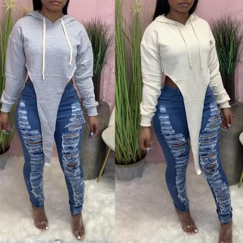 Echoine Gray Long Sleeve Hoodies Irregular Crop Top Hoody Casual Sweatshirt Sportwear Autumn Winter Party Club Outfits Pullover