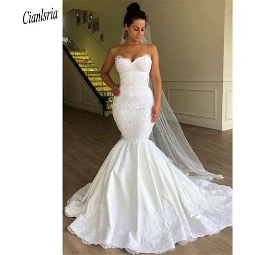 Gorgeous Spaghetti Strap Backless Dubai Arabic Mermaid Wedding Dresses Sweetheart Sleeveless Appliques Lace Saudi Bridal Gowns
