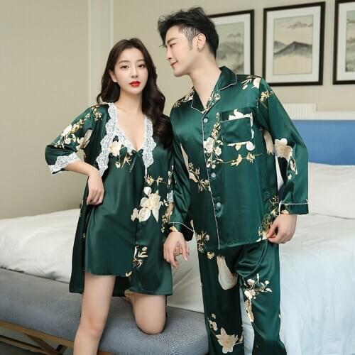 Spring Autumn Lovers Satin Sleepwear Soft Pyjama Sets Nightgown Couples Pijama Sets Long Sleeve Men Lounge Pajamas