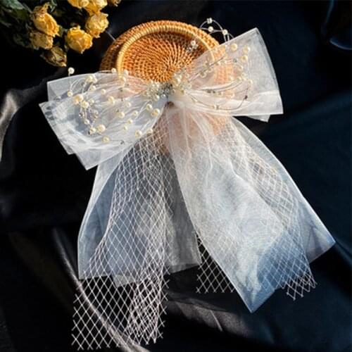 White Pearls Hair Clip 2 Layers Mesh Fishnet Bow-Knot Beaded Bridal Headwears for Bridal Elegant Handmade Wedding Accessories