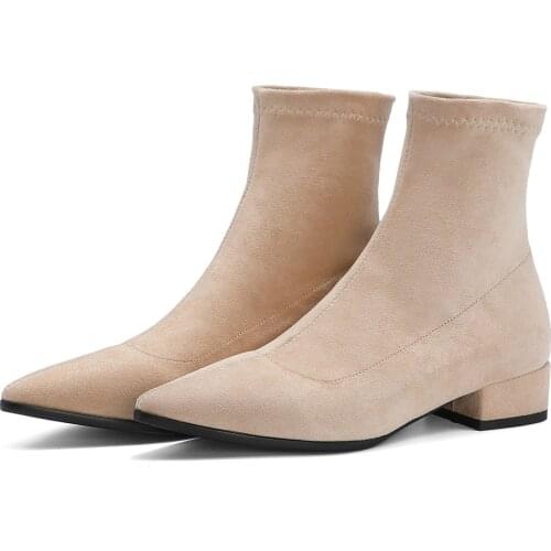 Women Ankle Boots 2020 Autumn Winter Warming New Fashion Slip-On Low Heel Pointed Toe Flexible Flock Casual Shoe Big Size 34-43