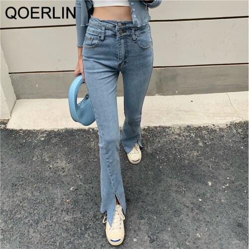 QOERLIN Retro High Waist Double Buckle Large Stretched Elastic Skinny Split Jeans Women Denim Jeans Fit Fringe Hem Denim Trouser