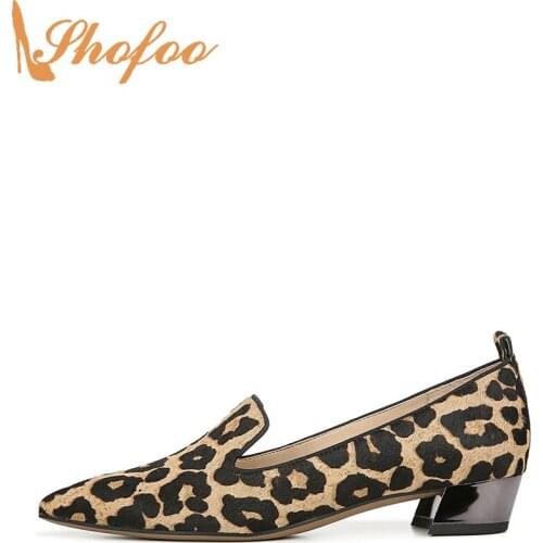 Leopard Med Chunky Heels Loafers Pumps Pointed Toe Woman Slip On Flock Large Size 11 15 Lady Fashion Office Mature Shoes Shofoo