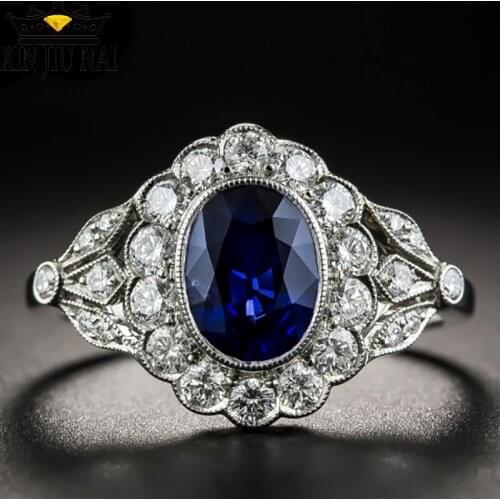 Female Blue Oval Stone Ring Vintage Flower Promise Engagement Rings For Women Fashion Wedding Accessories Silver 925 Ring Mens