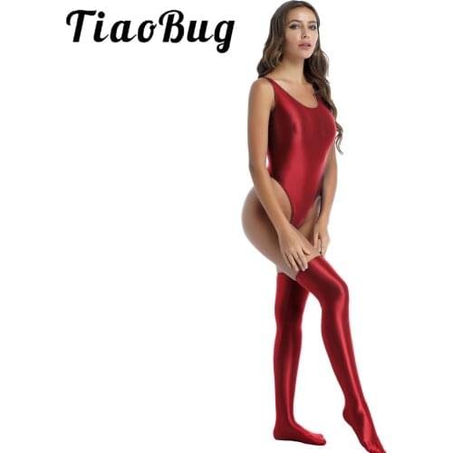 Womens Lingerie Bodysuit with Stocking Round Neck Sleeveless Glossy Stretchy High Cut Swimsuit Stage Show Clubwear Rave Costume