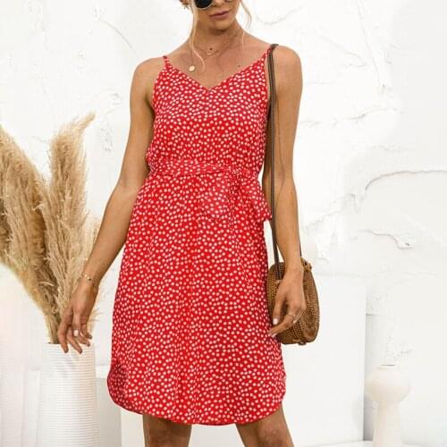 Women V Neck Wave Point Spaghetti Strap Dress Summer Ladies Sexy A Line Boho Beach Short Dresses Casual Office Lace Up Clothing