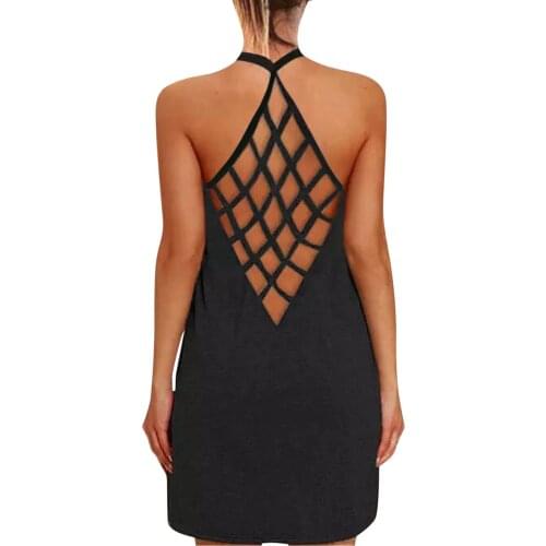 Women Open Back Dress Sleeveless Cross Casual Loose Hollow Mesh Halter Clothes Elegant Party Dresses платье летнее женское g4
