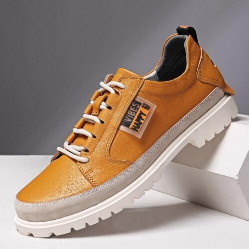 2020 Mens Sneakers Genuine Leather Leisure Walk Outdoor Shoes Men Casual Handmade Footwear Brand High Quality Orange Soft Flats
