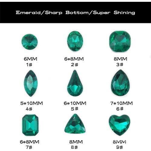 New 50pcs super shining sharp bottom Emerald color top quality nail art glass rhinestone round/oval/square/drop/heart shape