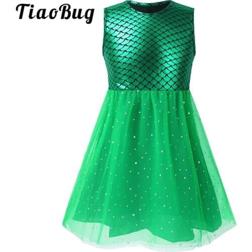 TiaoBug Baby Kids Sleeveless Fish Scales Printed Mesh Tutu Dress Toddlers Girls Halloween Birthday Theme Party Mermaid Costume