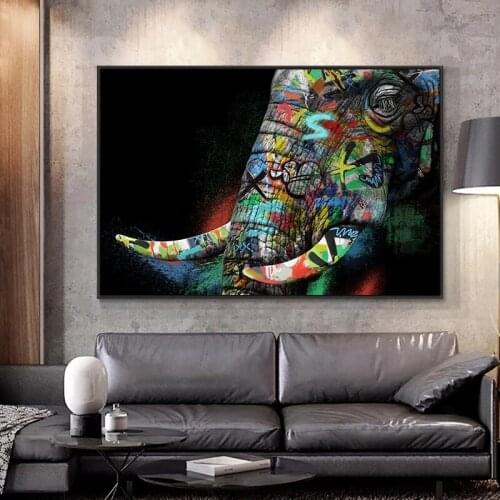Home Decor Modern Graffiti Art Black Elephant Animal Oil Painting on Canvas Print Nordic Poster Wall Art Picture for Living Room