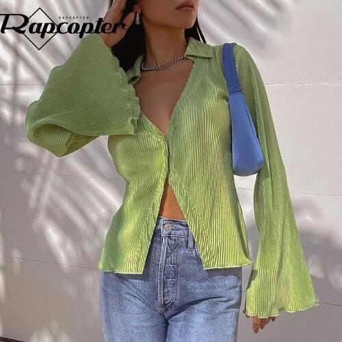 Rapcopter Green Elegant T Shirt Button Up Turn Down Collar Crop Top Women Harajuku Casual Tshirt Frill Autumn Cardigans New 90s