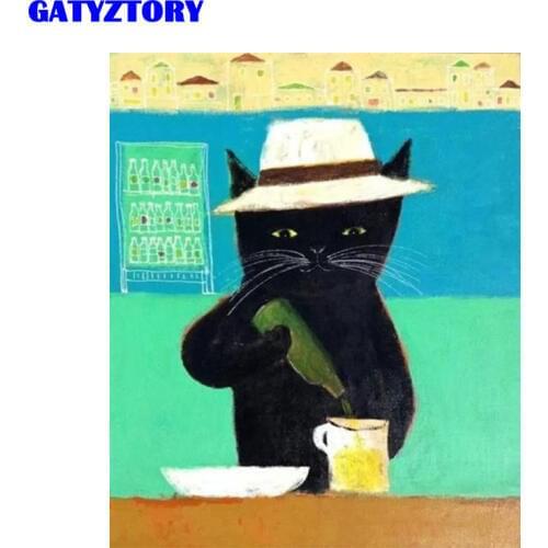 GATYZTORY Frame Animal Drinking Cat DIY Oil Painting by Numbers Handmade Unique Gift For Child Modern Wall Art for Home Decor