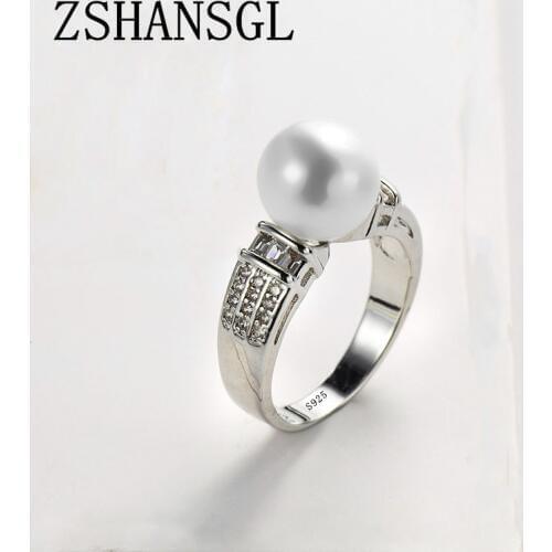 Cute Silver Color Freshwater Cultured 6-7 mm Pearl Rings for Women Clear AAA CZ Wedding Fashion Statement Jewelry Gift