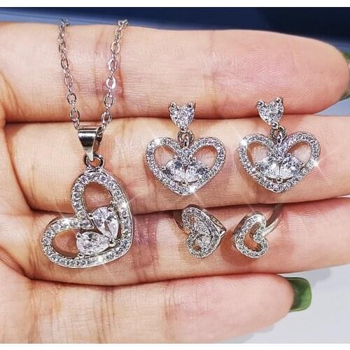 925 Silver Womens Jewelry Set Fashion Love Heart Shape Earrings Necklace Ring Wedding Bridal Set Earrings for Women 2021
