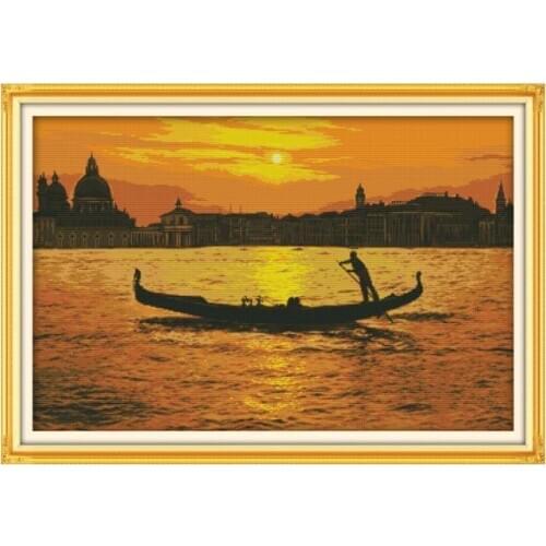 Beautiful sunset scenery boat home way warm picture handmade DIY Chinese cross stitch kit decoration hanging paintings