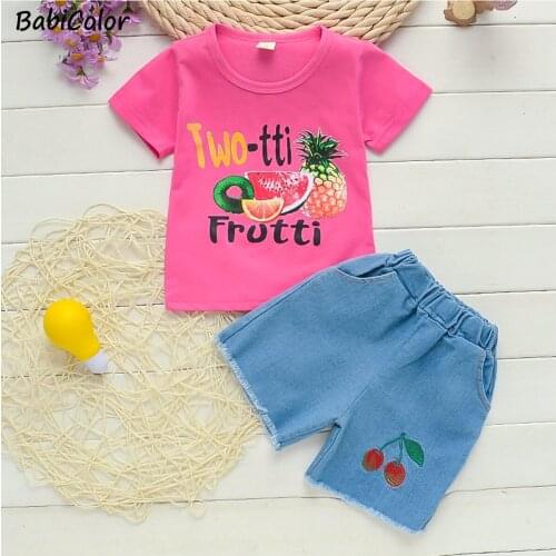 Baby girls summer set fashion cotton t-shirt+denim shorts 2pcs kids girls fruit style clothing