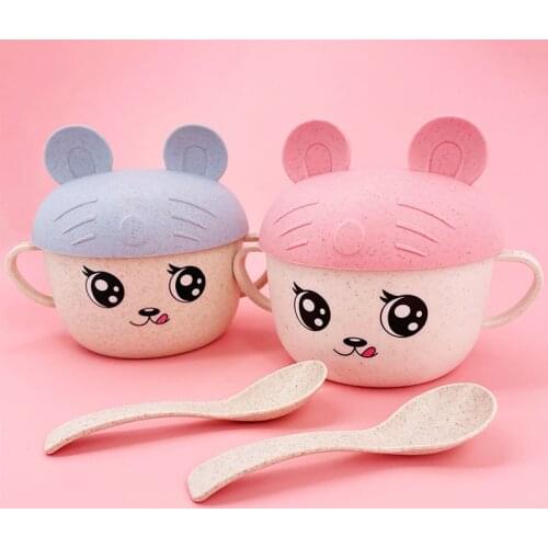 2Pcs/Set Baby Feeding Food Tableware Wheat Cartoon Kids Dishes Children Eating Dinnerware Set Anti-hot Plate Training Bowl+spoon