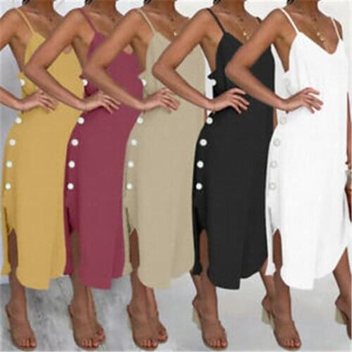 Fashion Sexy Sling Dress Solid Color Button Side Fork Sleeveless Suspender Dress Simple Sexy Hot Sale Elegant Commuting