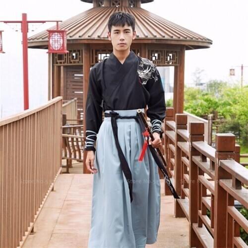 Men Japanese Style Warrior Kimono Robe Chinese Dragon Hanfu Tang Suit Haori Yukata Top Skirt Vintage Party Anime Cosplay Costume
