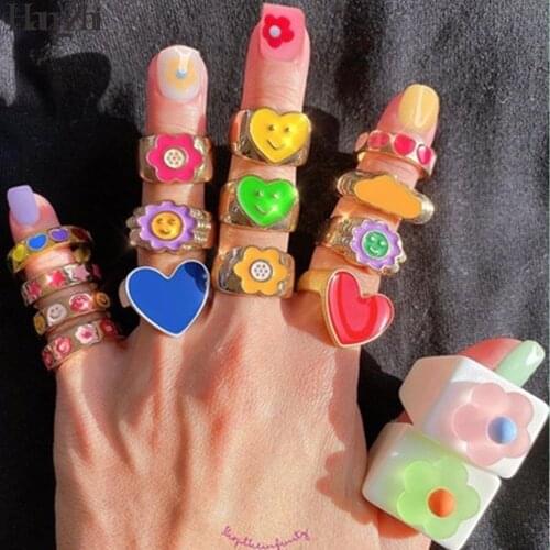 HangZhi 2021 New Colorful Cute Flowers Little Bear Love Heart Acrylic Rings for Women Girls Party Fashion Ring Jewelry Gifts