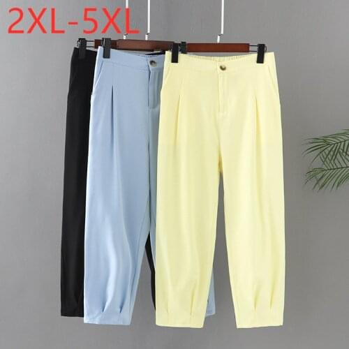 New 2021 Ladies Summer Plus Size Haren Pants For Women Large Loose Casual Blue Yellow Cropped Trousers 2XL 3XL 4XL 5XL